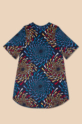 Lay-flat of Dutch-wax cotton shift dress, front view